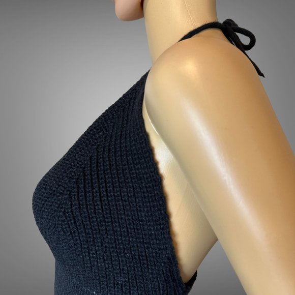 Womens Halter Crop Top Knit Large L Black Red Stretch Backless Mushroom Logo - Picture 11 of 16